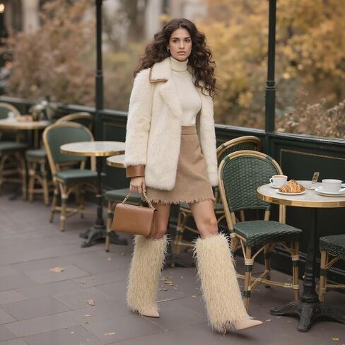 Womens Furry Boots Knee High Fold Over Tall Boot Wide Calf Pointed Toe Stiletto High Heel Fall Winter Boots for Women in Saudi Arabia