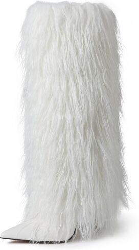 Womens Furry Boots الركبة عالية الطية على الحذاء طويل القامة عجل عجل مدبب أخمص القدمين مرتفعة الكعب في الشتاء أحذية الشتاء للنساء in Kuwait