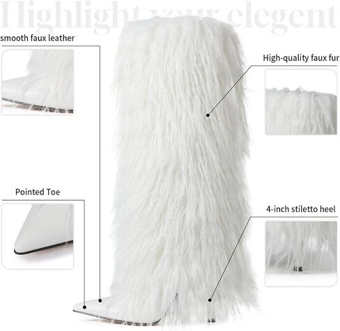 Womens Furry Boots الركبة عالية الطية على الحذاء طويل القامة عجل عجل مدبب أخمص القدمين مرتفعة الكعب في الشتاء أحذية الشتاء للنساء in Kuwait