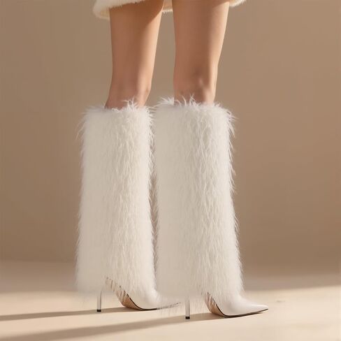Womens Furry Boots الركبة عالية الطية على الحذاء طويل القامة عجل عجل مدبب أخمص القدمين مرتفعة الكعب في الشتاء أحذية الشتاء للنساء in Kuwait
