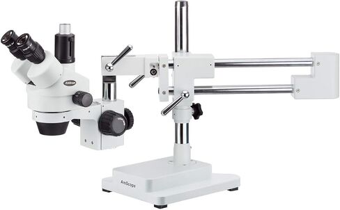 AMSCOPE SM-4TY Professional Trinocular Zoom Microscope ، WH10x Eyepieces ، 7x-90x التكبير ، هدف التكبير 0.7x-4.5x ، الإضاءة المحيطة ، حامل طفرة مزدوج الذراع ، يشمل 2.0x عدسة بارلو in Saudi Arabia
