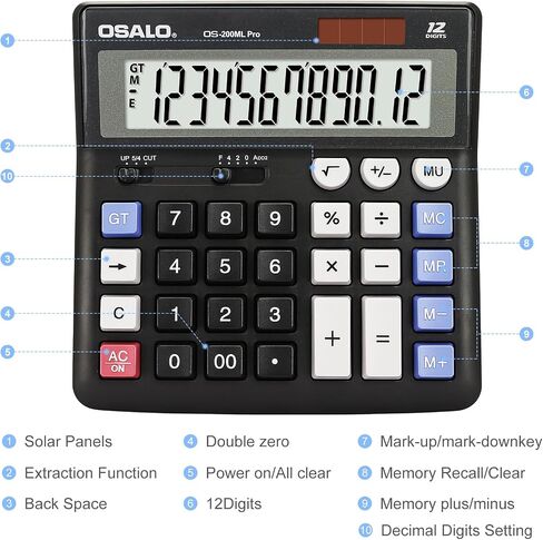 OSALO Desktop Calculator Extra Large Display 12 Digits Big Buttons Solar Accounting Calculator for Office (OS-200ML) in Kuwait
