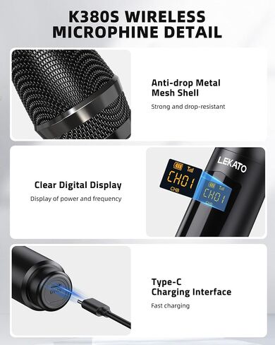 LEKATO Wireless Microphones, UHF Professional Wireless Microphone with Rechargeable 1/4" Receiver Metal Dual Dynamic Mic Set for Amplifier, PA System, Mixer, Party, Karaoke, Speech, Wedding, Church in Saudi Arabia