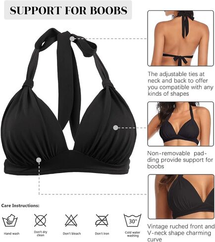 Balasami Women's Retro 50s Plaid Pattern Polka Dot Halter Molded Soft Pads Vintage Bikini Swimsuits Tops in Kuwait