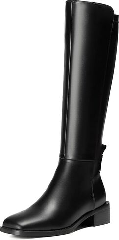Women's Knee-High Boots, Faux Leather Elastic Boots Low Heel Square Toe, Side Zipper Tall Boots in Saudi Arabia