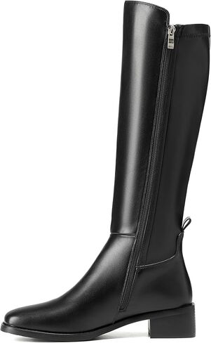 Women's Knee-High Boots, Faux Leather Elastic Boots Low Heel Square Toe, Side Zipper Tall Boots in Saudi Arabia