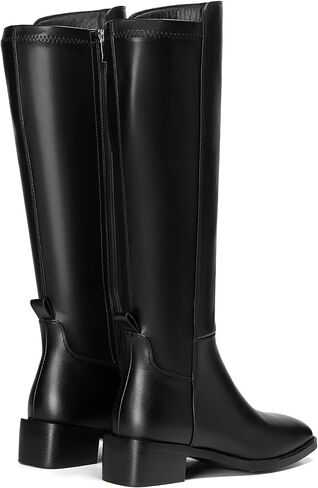 Women's Knee-High Boots, Faux Leather Elastic Boots Low Heel Square Toe, Side Zipper Tall Boots in Saudi Arabia