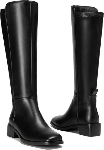 Women's Knee-High Boots, Faux Leather Elastic Boots Low Heel Square Toe, Side Zipper Tall Boots in Saudi Arabia