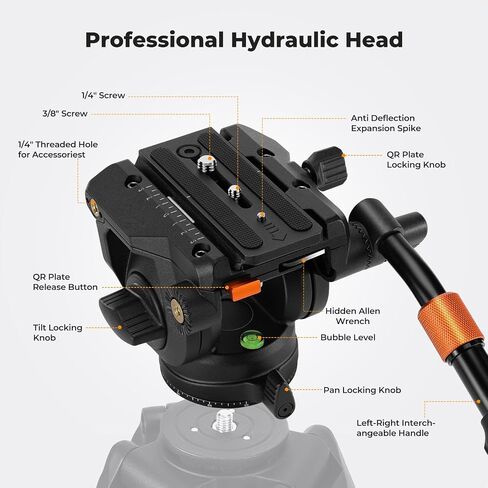 K & F Concept Professional Fluid Head ، Head Fluid Video Bead خفيفة الوزن حريري ثنائي ترايبود مونبود كحد أقصى 17.6 رطل/8 كجم ، رأس ترايبود لمدة 360 درجة و -75 درجة إلى 90. BV50 in Saudi Arabia
