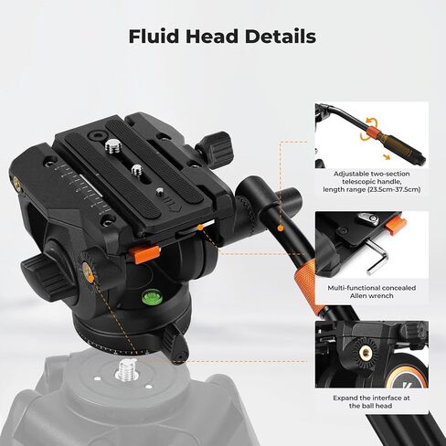 K & F Concept Professional Fluid Head ، Head Fluid Video Bead خفيفة الوزن حريري ثنائي ترايبود مونبود كحد أقصى 17.6 رطل/8 كجم ، رأس ترايبود لمدة 360 درجة و -75 درجة إلى 90. BV50 in Saudi Arabia