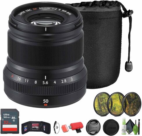 حزمة Fujifilm XF 50mm F/2 R WR (أسود) باقة مع حقيبة العدسة + بطاقة ذاكرة 32 جيجابايت + 3PC MC Pro Filter Kit UV/CPL/F 46 + محفظة بطاقة الذاكرة + المزيد in Saudi Arabia