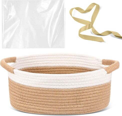 سلة هدايا منسوجة مع أكياس الهدايا وشرائط 12 "x8" x5 "سلة تخزين حبل قطنية فارغة لأعياد الميلاد ، حمامات الأطفال ، هدايا الزفاف (بيضاء ، قهوة) in Kuwait