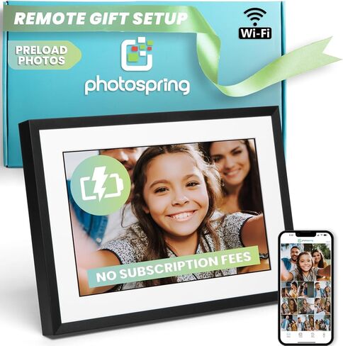 Photosspring ㅤ عرض البطارية التي تديرها 10 بوصة WiFi إطار الصورة الرقمية | إرسال الصور عن طريق البريد الإلكتروني أو التطبيق أو الويب | اشتراك مجاني | شاشة تعمل باللمس وذاكرة داخلية 32 جيجابايت | قم بتشغيل مقاطع الفيديو حتى 5 دقائق in Kuwait