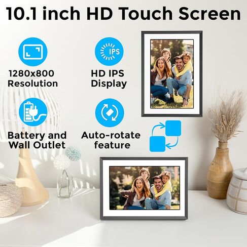 Photosspring ㅤ عرض البطارية التي تديرها 10 بوصة WiFi إطار الصورة الرقمية | إرسال الصور عن طريق البريد الإلكتروني أو التطبيق أو الويب | اشتراك مجاني | شاشة تعمل باللمس وذاكرة داخلية 32 جيجابايت | قم بتشغيل مقاطع الفيديو حتى 5 دقائق in Kuwait