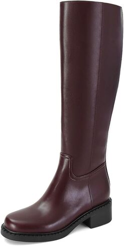 Dsevht Black Knee High Boots for Women Faux Leather Elastic Low Heel Round Square Toe Side Zipper Fall Long Tall Boot in Saudi Arabia