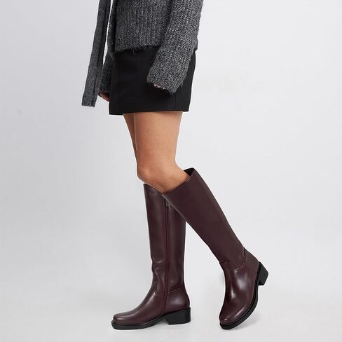 Dsevht Black Knee High Boots for Women Faux Leather Elastic Low Heel Round Square Toe Side Zipper Fall Long Tall Boot in Saudi Arabia