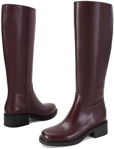 Dsevht Black Knee High Boots for Women Faux Leather Elastic Low Heel Round Square Toe Side Zipper Fall Long Tall Boot in Saudi Arabia