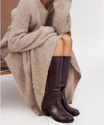 Dsevht Black Knee High Boots for Women Faux Leather Elastic Low Heel Round Square Toe Side Zipper Fall Long Tall Boot in Saudi Arabia