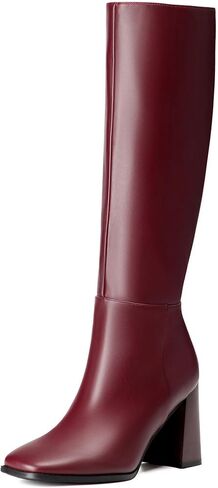 Knee High Boots Women Leather Square Toe Chunky Block Heel Tall Boots with Side Zipper Comfortable Fashion Long Dress Boots in Saudi Arabia