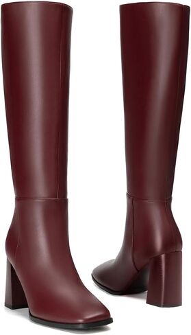 Knee High Boots Women Leather Square Toe Chunky Block Heel Tall Boots with Side Zipper Comfortable Fashion Long Dress Boots in Saudi Arabia