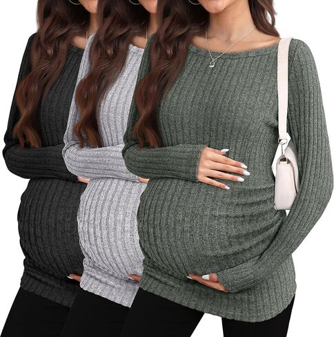 3 Pack Women's Maternity Shirts Long Sleeve Fitted Pregnancy Tops Boat Neck Ribbed Knit Casual Mama Sweaters in Kuwait