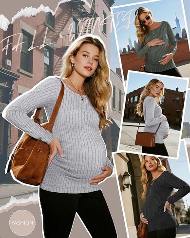 3 Pack Women's Maternity Shirts Long Sleeve Fitted Pregnancy Tops Boat Neck Ribbed Knit Casual Mama Sweaters in Kuwait