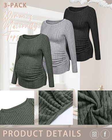 3 Pack Women's Maternity Shirts Long Sleeve Fitted Pregnancy Tops Boat Neck Ribbed Knit Casual Mama Sweaters in Kuwait
