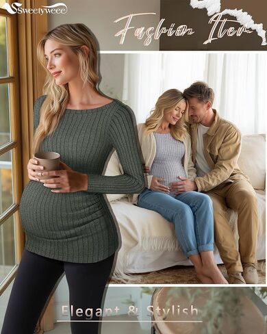 3 Pack Women's Maternity Shirts Long Sleeve Fitted Pregnancy Tops Boat Neck Ribbed Knit Casual Mama Sweaters in Kuwait