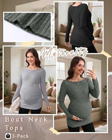 3 Pack Women's Maternity Shirts Long Sleeve Fitted Pregnancy Tops Boat Neck Ribbed Knit Casual Mama Sweaters in Kuwait