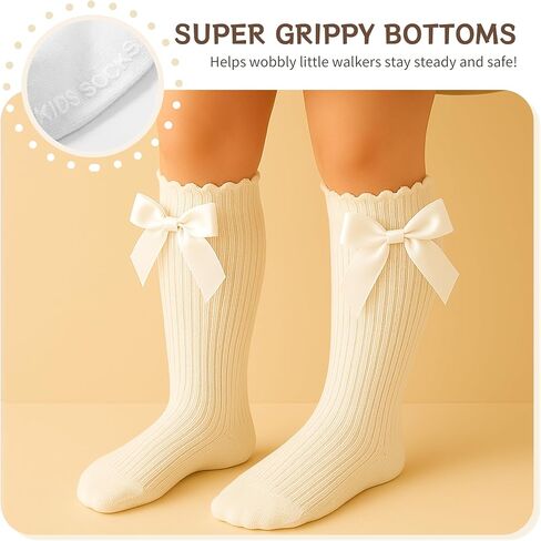 Baby Knee High Socks Non Slip Baby Girl Socks Cotton Bow Infant Stockings Ruffle Toddler Long Sock 0-12M/1-2Y in Saudi Arabia