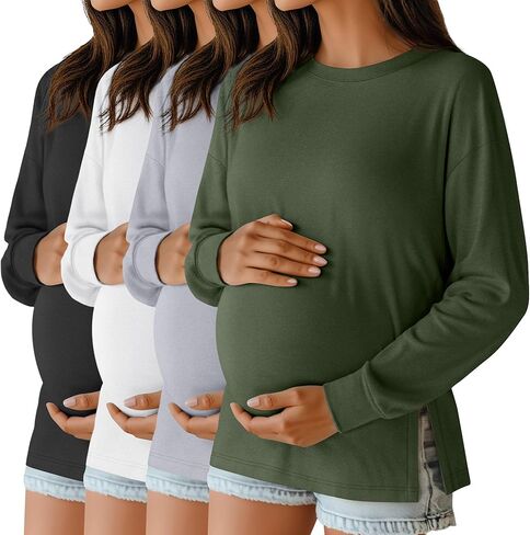 Ficerd 4 Pack Women's Casual Maternity T-Shirts, Long Sleeve Crew Neck Split Side Tee Tops Shirts Loose Fit Pregnancy Clothes in Saudi Arabia