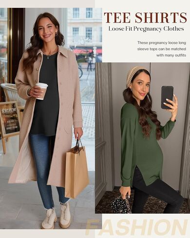 Ficerd 4 Pack Women's Casual Maternity T-Shirts, Long Sleeve Crew Neck Split Side Tee Tops Shirts Loose Fit Pregnancy Clothes in Saudi Arabia
