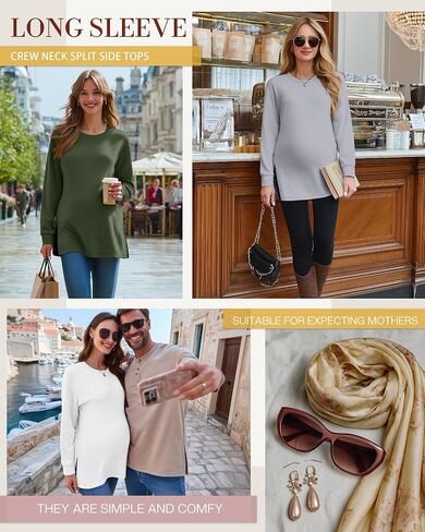 Ficerd 4 Pack Women's Casual Maternity T-Shirts, Long Sleeve Crew Neck Split Side Tee Tops Shirts Loose Fit Pregnancy Clothes in Saudi Arabia