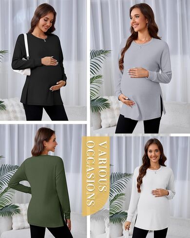 Ficerd 4 Pack Women's Casual Maternity T-Shirts, Long Sleeve Crew Neck Split Side Tee Tops Shirts Loose Fit Pregnancy Clothes in Saudi Arabia