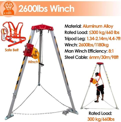Portable Aluminum Tripod Rescue System for Confined Spaces - 1800lbs Winch (82ft) for High Places, Cliffs & Narrow Areas - Perfect for Safe Work & Emergency Rescue in Saudi Arabia