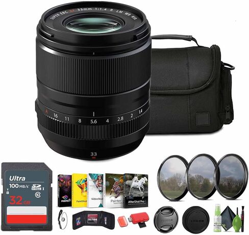 Fujifilm XF 33mm f/1.4 R LM WR Bunddle مع علبة العدسة الناعمة + بطاقة ذاكرة 32 جيجابايت + مجموعة مرشح 3 قطع ، حارس 58 مم + كاب + المزيد in Saudi Arabia