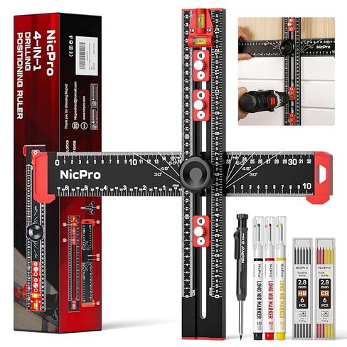 Nicpro 4-in-1 Drilling Positioning Scribing Ruler, Adjustable Multifunctional T Square Ruler with Carpenter Pencil, Carpenters Square Tools for Woodworking, Cabinet Drawer Door Hole Drilling Template in Saudi Arabia