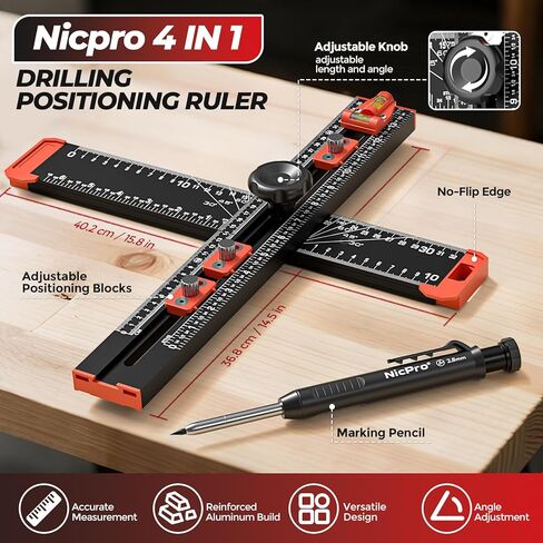 Nicpro 4-in-1 Drilling Positioning Scribing Ruler, Adjustable Multifunctional T Square Ruler with Carpenter Pencil, Carpenters Square Tools for Woodworking, Cabinet Drawer Door Hole Drilling Template in Saudi Arabia