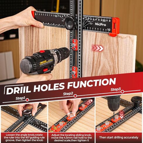 Nicpro 4-in-1 Drilling Positioning Scribing Ruler, Adjustable Multifunctional T Square Ruler with Carpenter Pencil, Carpenters Square Tools for Woodworking, Cabinet Drawer Door Hole Drilling Template in Saudi Arabia