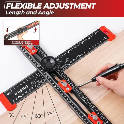 Nicpro 4-in-1 Drilling Positioning Scribing Ruler, Adjustable Multifunctional T Square Ruler with Carpenter Pencil, Carpenters Square Tools for Woodworking, Cabinet Drawer Door Hole Drilling Template in Saudi Arabia