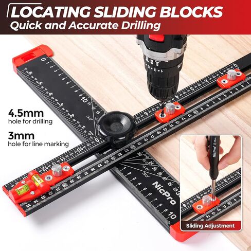 Nicpro 4-in-1 Drilling Positioning Scribing Ruler, Adjustable Multifunctional T Square Ruler with Carpenter Pencil, Carpenters Square Tools for Woodworking, Cabinet Drawer Door Hole Drilling Template in Saudi Arabia