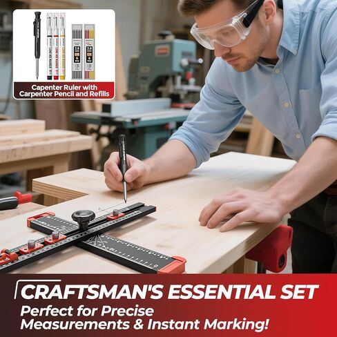 Nicpro 4-in-1 Drilling Positioning Scribing Ruler, Adjustable Multifunctional T Square Ruler with Carpenter Pencil, Carpenters Square Tools for Woodworking, Cabinet Drawer Door Hole Drilling Template in Saudi Arabia