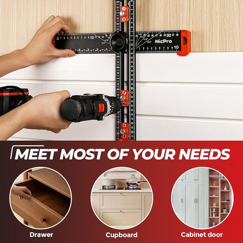 Nicpro 4-in-1 Drilling Positioning Scribing Ruler, Adjustable Multifunctional T Square Ruler with Carpenter Pencil, Carpenters Square Tools for Woodworking, Cabinet Drawer Door Hole Drilling Template in Saudi Arabia