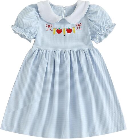 Toddler Baby Girl Back to School Outfit Apple Short Sleeve Dress Smocked Striped Dress First Day of School Pre K Clothes in Saudi Arabia