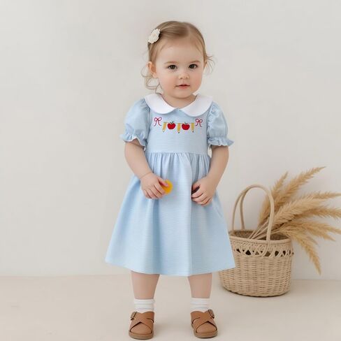 Toddler Baby Girl Back to School Outfit Apple Short Sleeve Dress Smocked Striped Dress First Day of School Pre K Clothes in Saudi Arabia