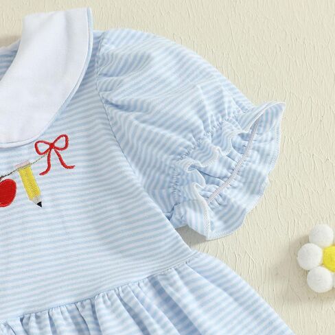 Toddler Baby Girl Back to School Outfit Apple Short Sleeve Dress Smocked Striped Dress First Day of School Pre K Clothes in Saudi Arabia