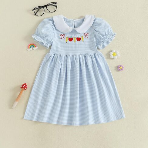 Toddler Baby Girl Back to School Outfit Apple Short Sleeve Dress Smocked Striped Dress First Day of School Pre K Clothes in Saudi Arabia