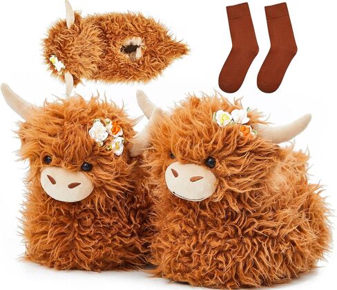 Highland Cow Slippers for Women Men Plush Animal Slippers with Cotton Scottish Socks in Saudi Arabia