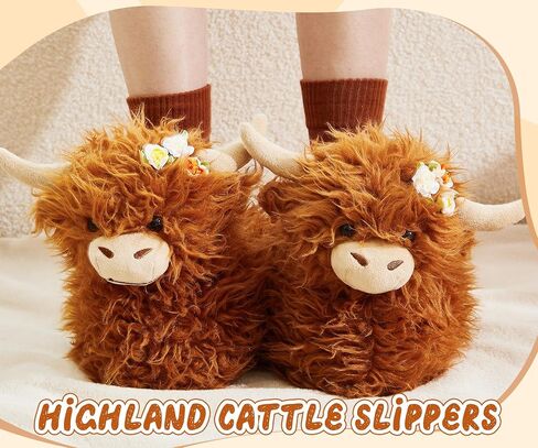 Highland Cow Slippers for Women Men Plush Animal Slippers with Cotton Scottish Socks in Saudi Arabia