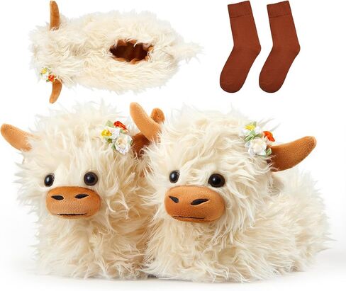 Highland Cow Slippers for Women Men Plush Animal Slippers with Cotton Scottish Socks in Saudi Arabia
